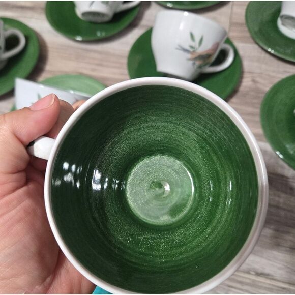 Vintage HTF Maja Mexico Pottery Cup & Saucers Hand Painted Birds - Green Trim - Picture 6 of 17